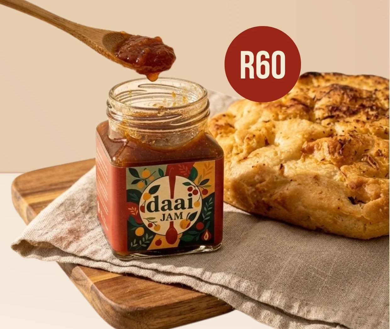 Daai Jam focaccia with a jar of Smoked Tomato & Chilli Jamney