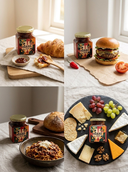 Daai Jam Smoked Tomato & Chilli Jamney 280g on cheese boards, burgers and pasta
