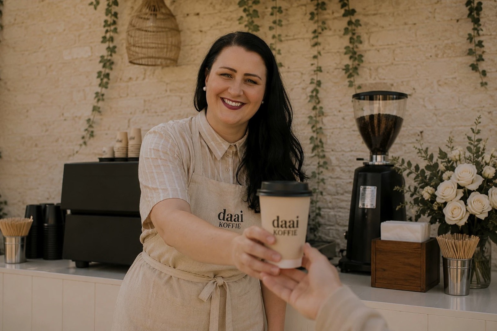 Jolese handing over a cup of Daai Koffie